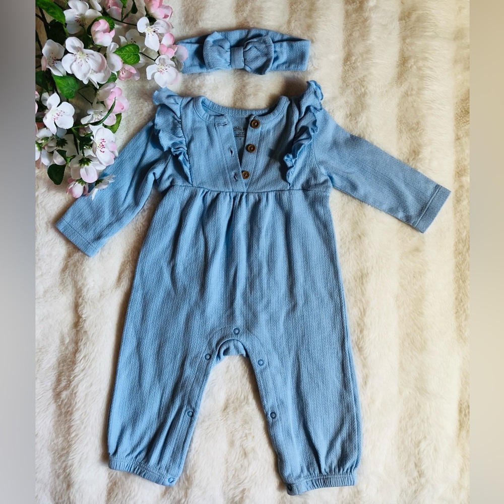 Pretty Light Blue Jumpsuit Romper Outfit 100% Organic Cotton Size 12 Months